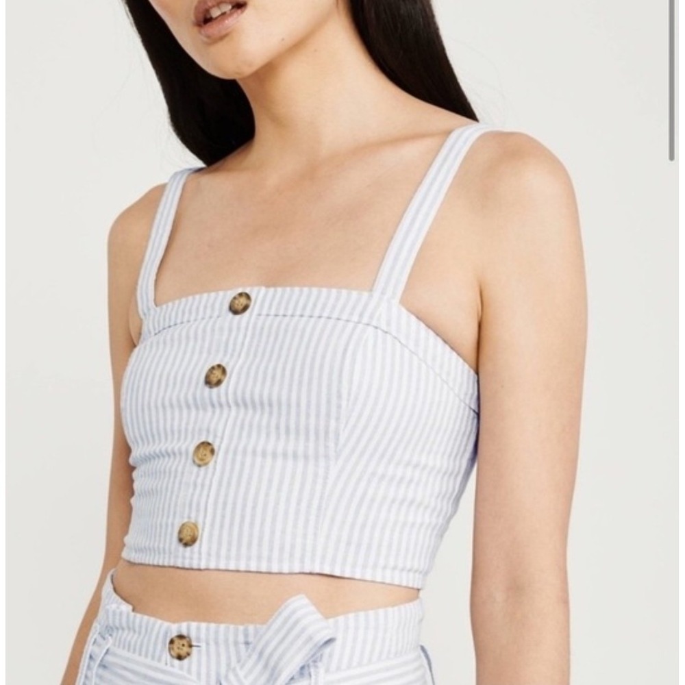 Abercrombie & Fitch Womens S Linen Blend Smocked Crop Cami Coastal Blue White